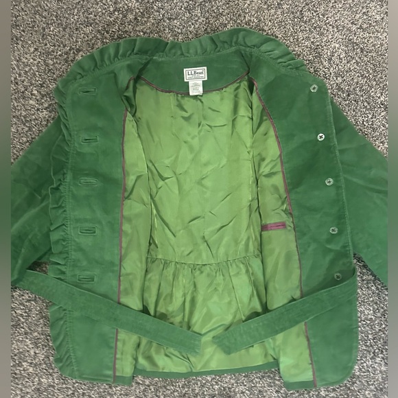 LL Bean Ruffled Corduroy Jacket Womens Size 12 Green Grass Belted Button Up - Picture 8 of 11
